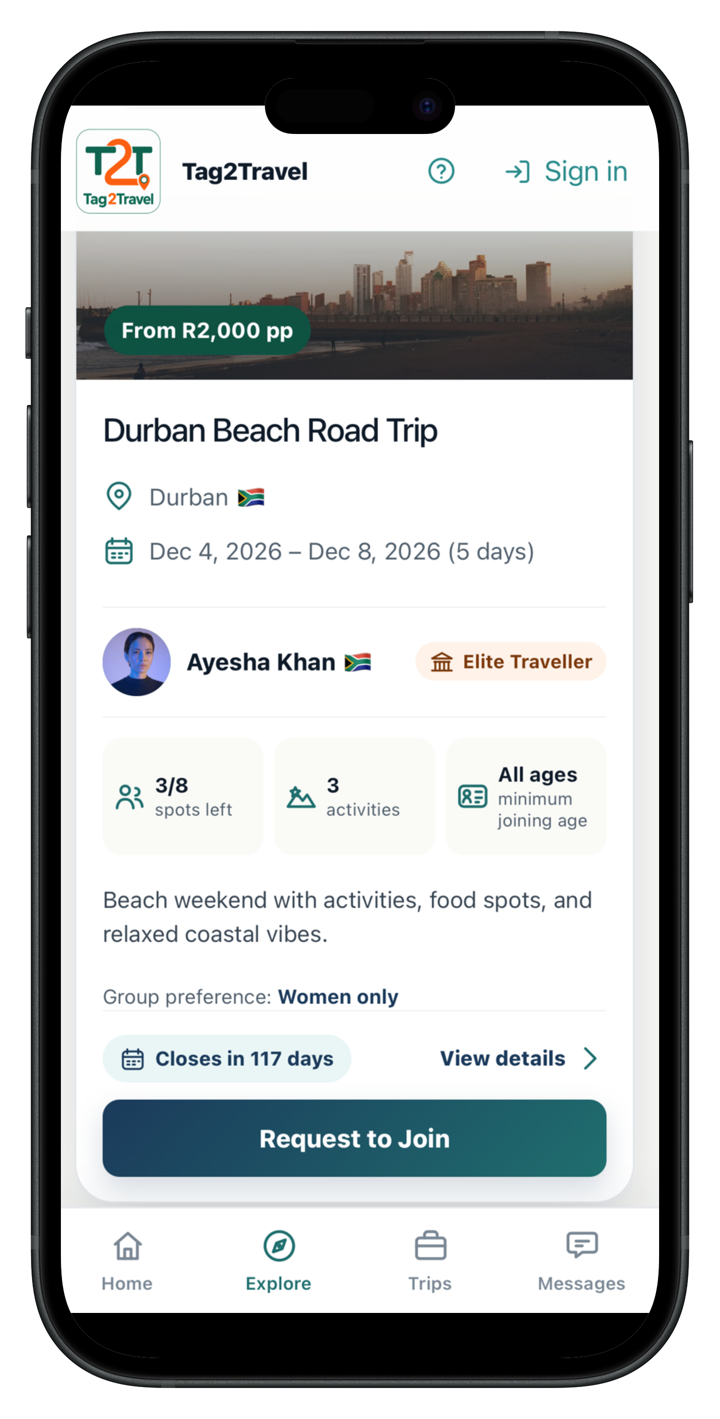 Trip details screen with a Request to Join button for a Durban beach road trip