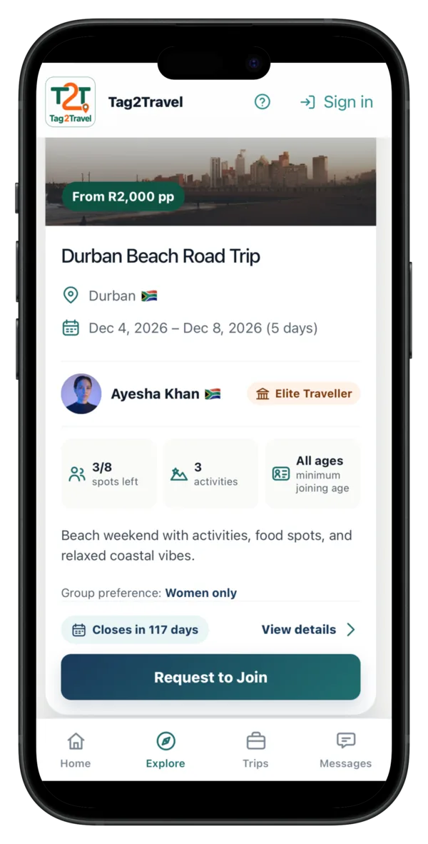 Tag2Travel request-to-join screen for a Durban beach road trip