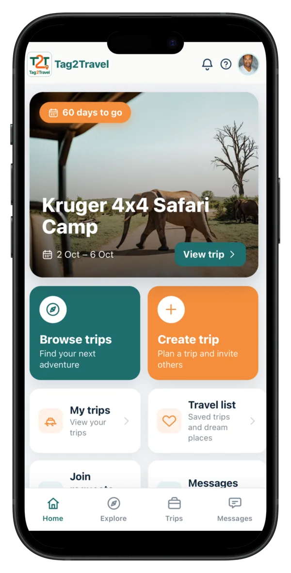 Tag2Travel dashboard showing an upcoming trip countdown and trip actions