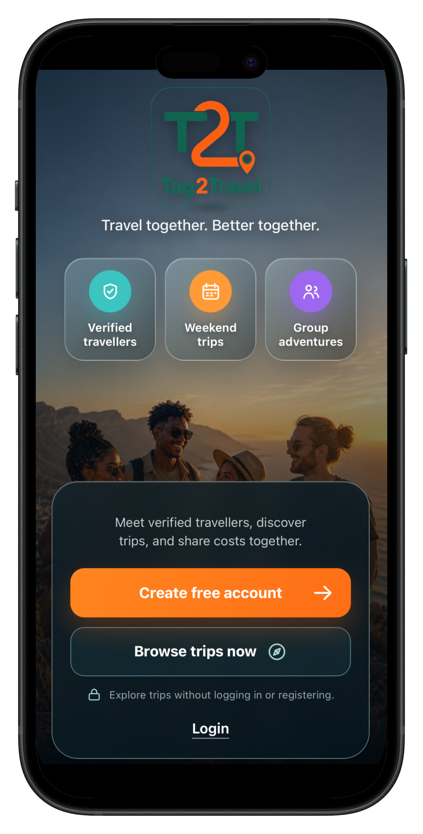 Tag2Travel splash screen highlighting verified travellers, weekend trips, and group adventures