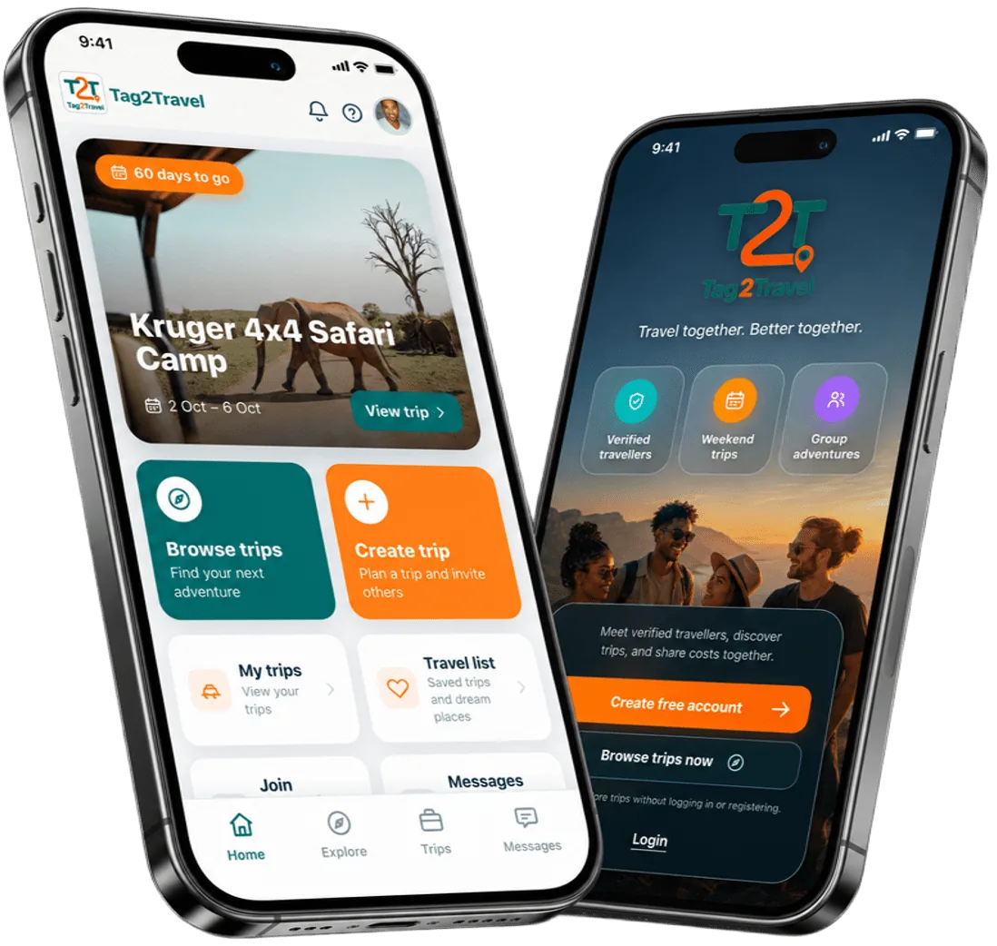Tag2Travel mobile app showing trusted traveller profiles and group adventures