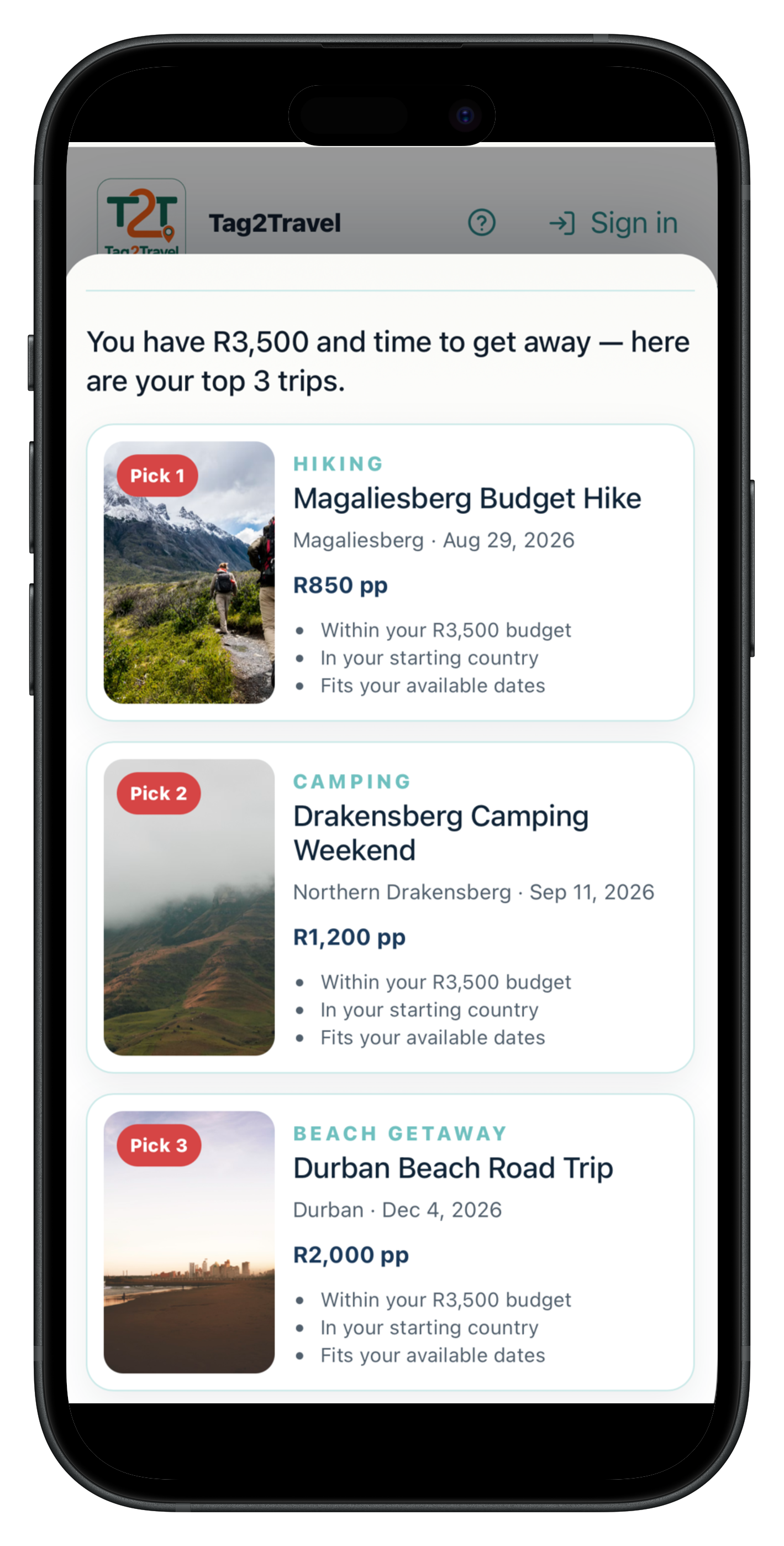 Surprise Me results screen showing three trip picks matched to budget and dates