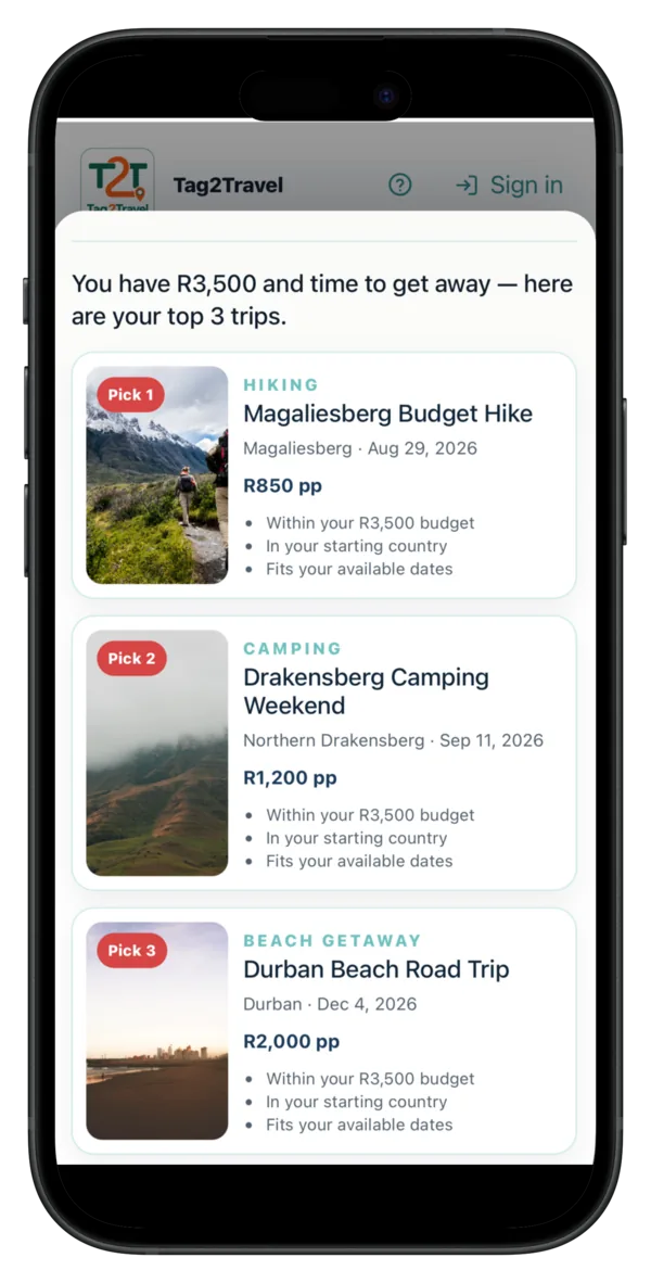 Tag2Travel Surprise Me results with trips matched to a traveller's budget and dates
