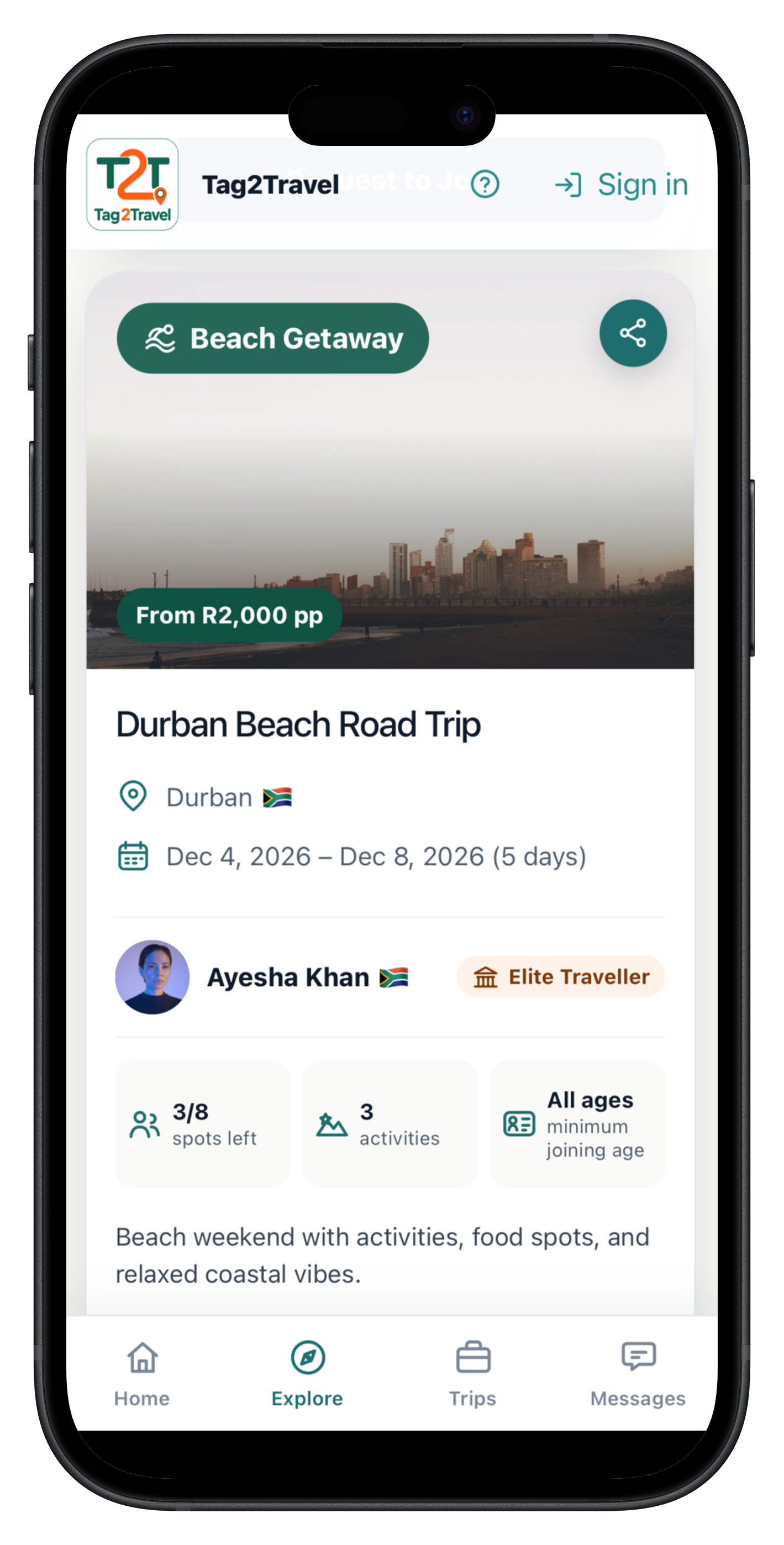 Trip details overview for a Durban beach road trip showing the host, price, and trip stats