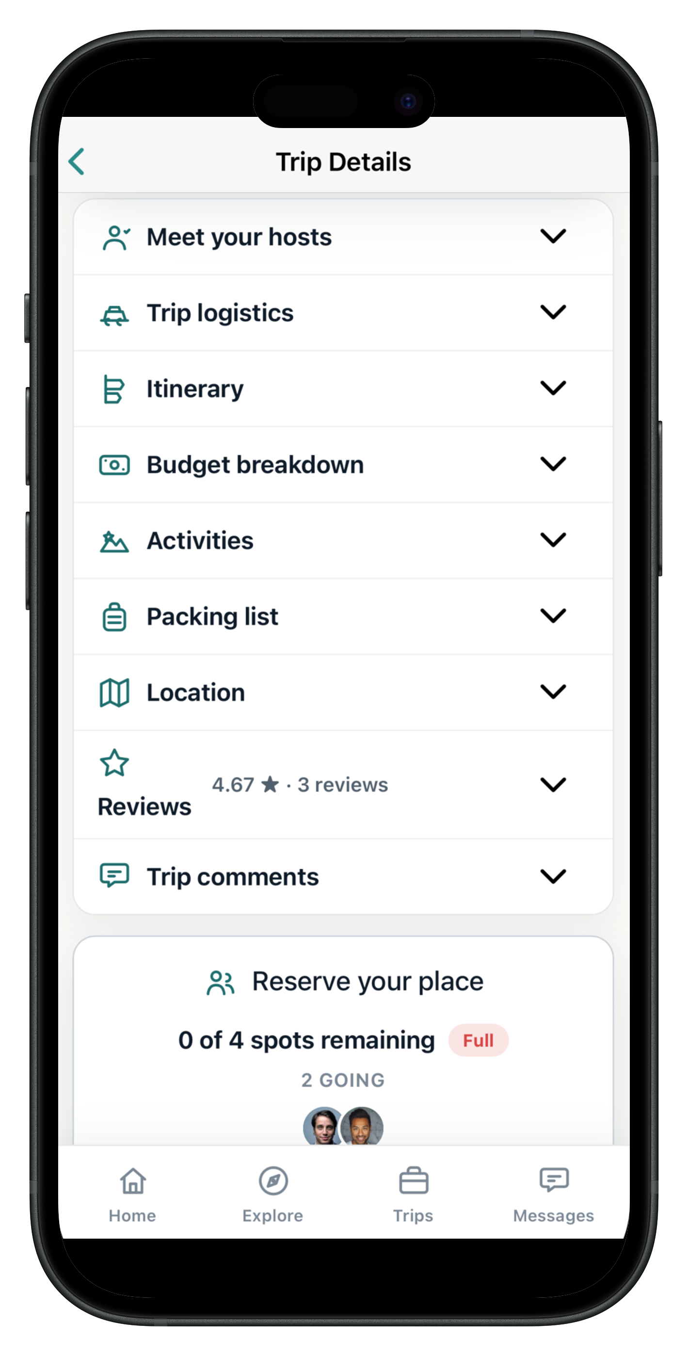 Trip details accordion covering hosts, logistics, itinerary, budget, and reserve-your-place