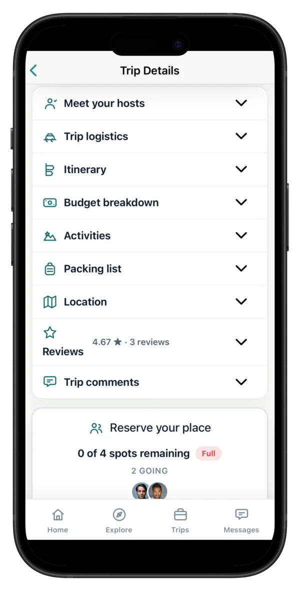 Tag2Travel trip details showing hosts, logistics, itinerary, and budget