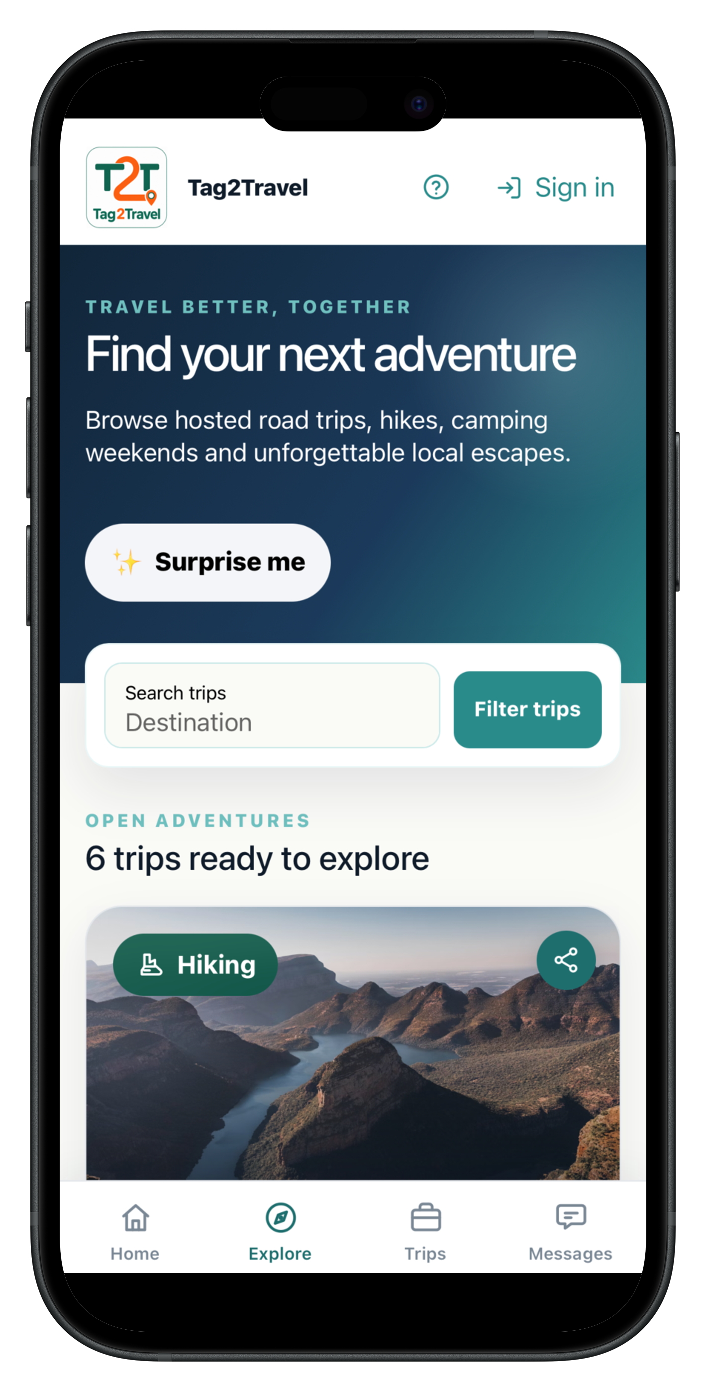 Browse trips screen with search, filters, and the Surprise Me feature