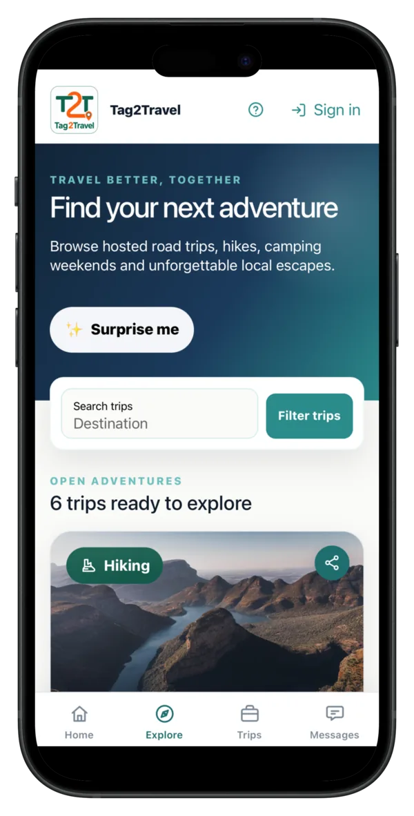Tag2Travel browse screen with trip search, filters, and Surprise Me suggestions