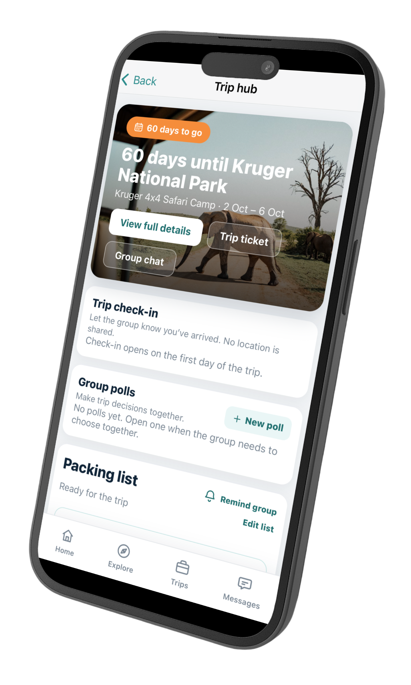 Tag2Travel app screen showing a trip hub with group chat, packing list, and countdown