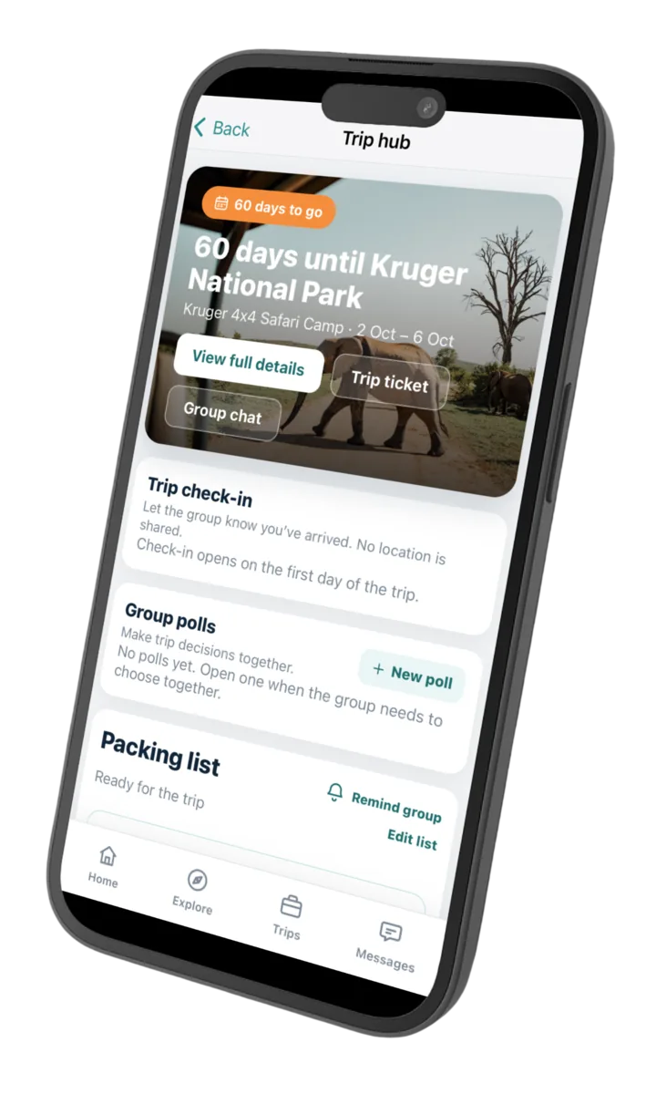 Tag2Travel trip hub showing group chat, a shared packing list, and a departure countdown