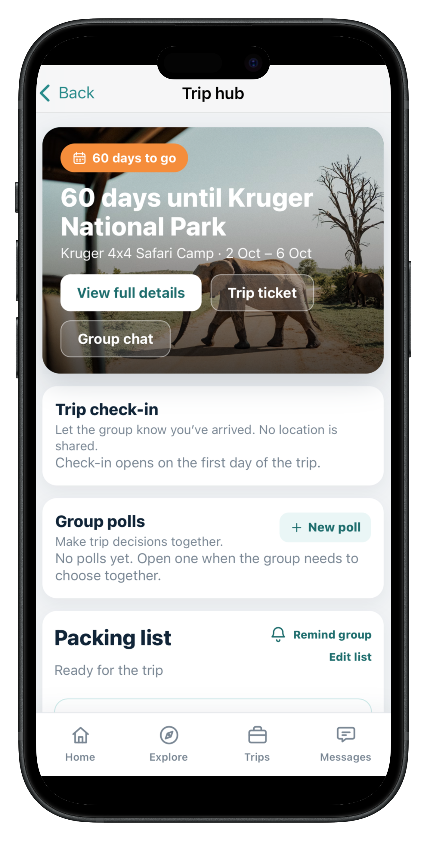 Trip hub screen with trip countdown, check-in, group polls, and packing list
